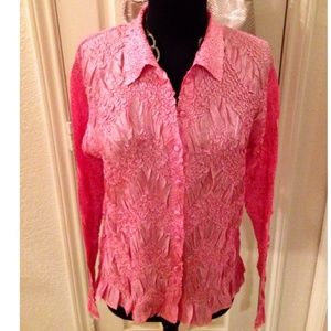 Silky Pink Crinkled Button Down Top